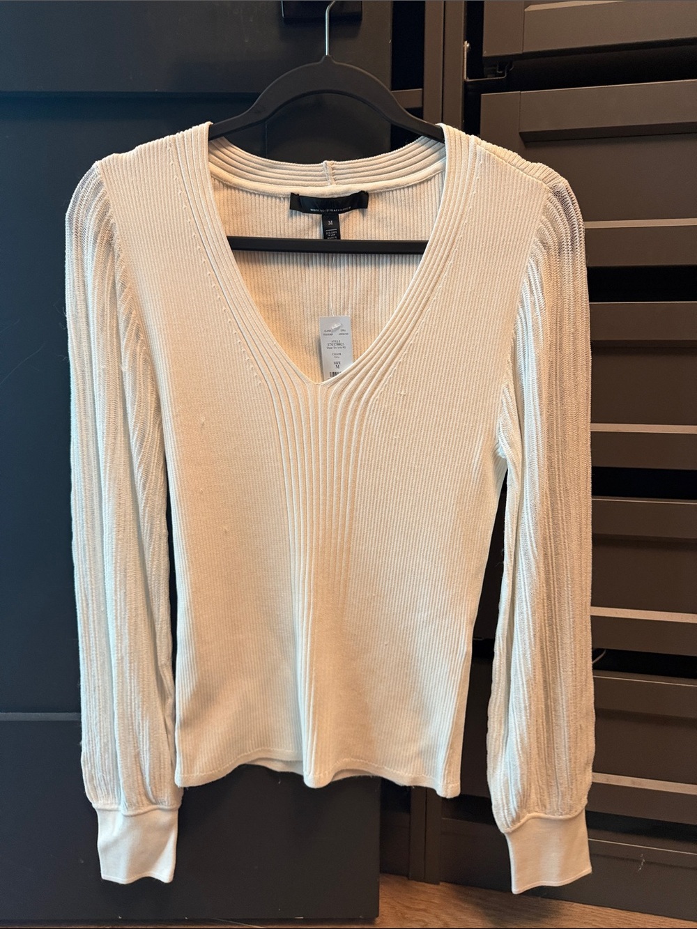 White House Black Market Cream Ribbed V-Neck Long Sleeve Top